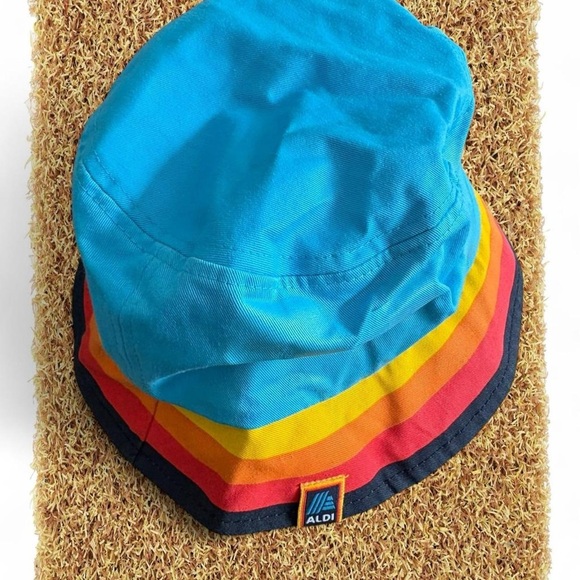 Other - Aldi Blue Bucket Hat with Retro Rainbow Stripe